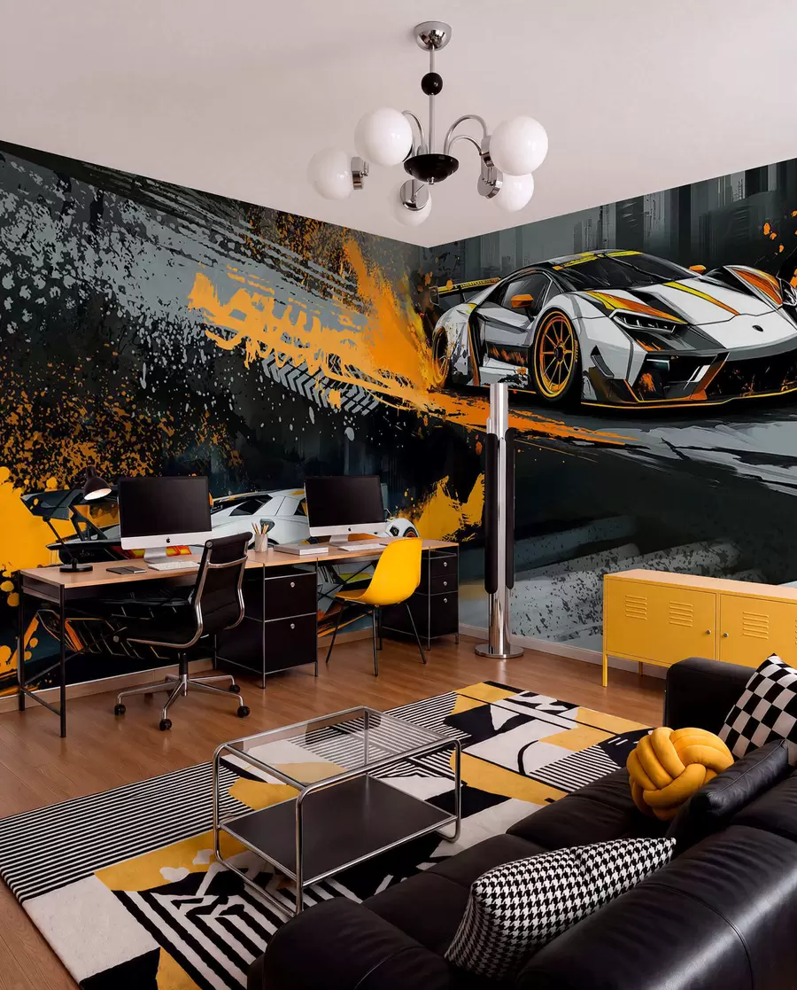 Fotobehang harde grange stijl, expressieve, dinamische sportwagens w03721