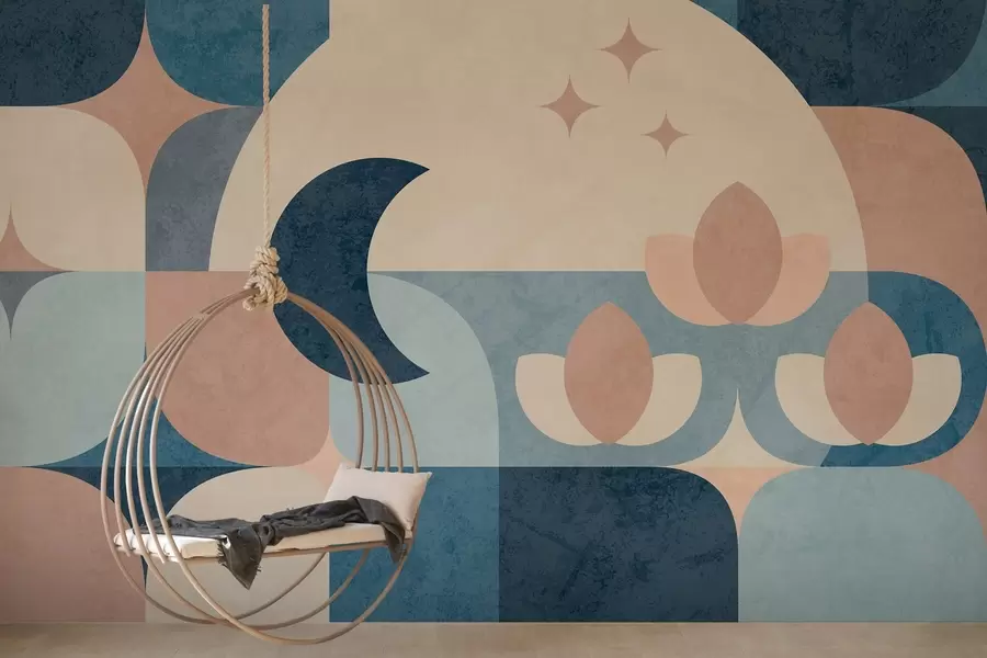 Fotobehang geometrische abstractie, waarbij zachte vormen vloeiend verweven zijn met symbolen van de maan, bloemen en sterren w03723