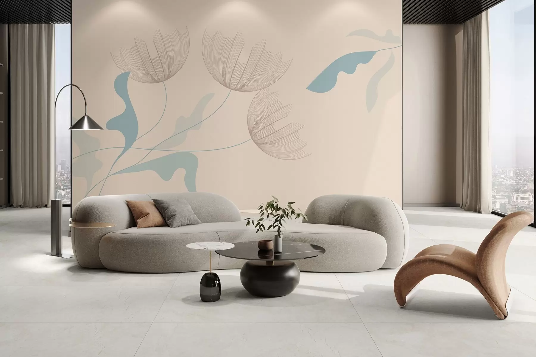 Papier peint photo fleurs élégantes et minimalistes dans des tons bleus clairs sur un fond beige w03763v1