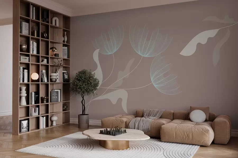 Papier peint photo fleurs élégantes et minimalistes dans les tons blancs et bleus sur un fond moka w03763v3