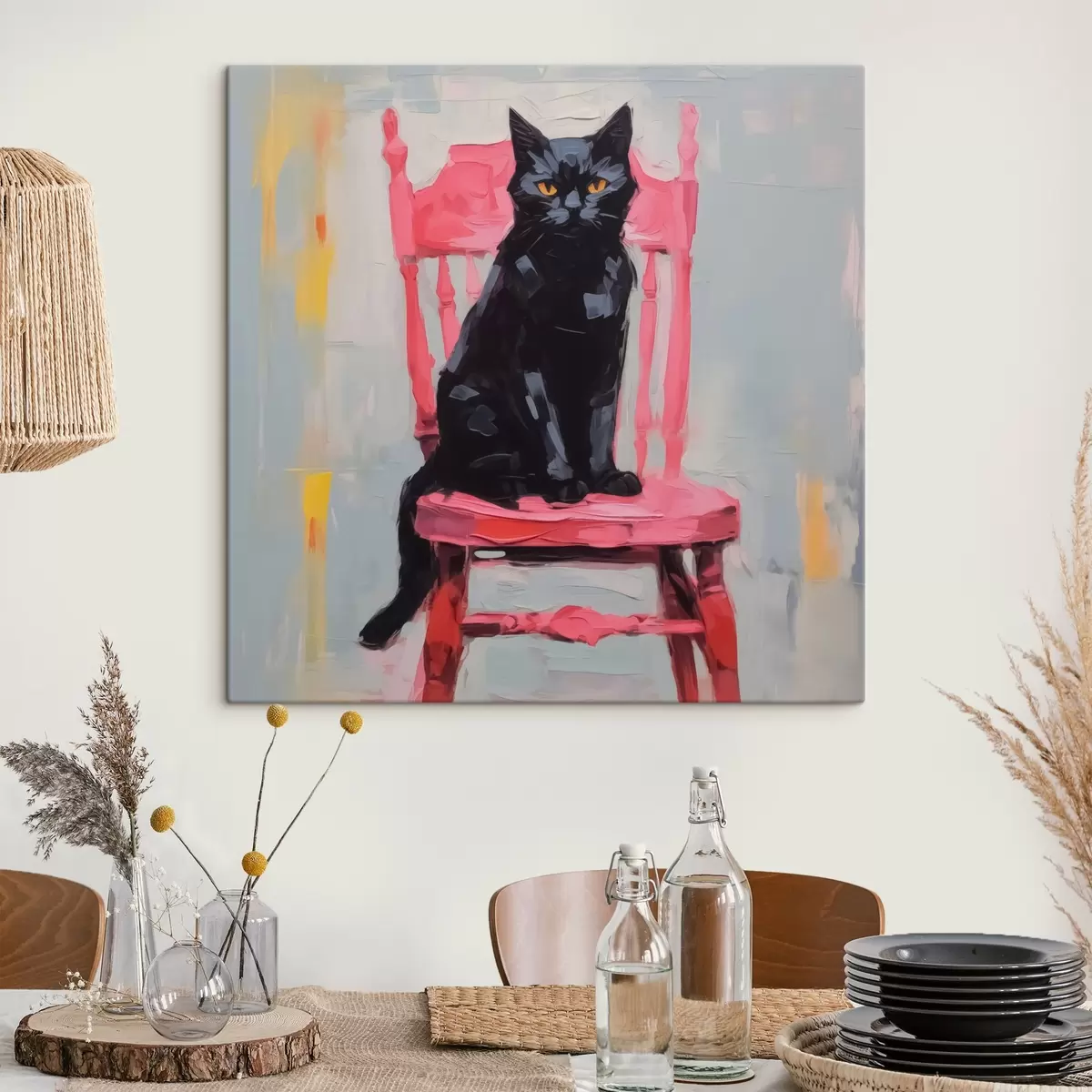  Schilderijen Zwarte kat op een stoel s44130