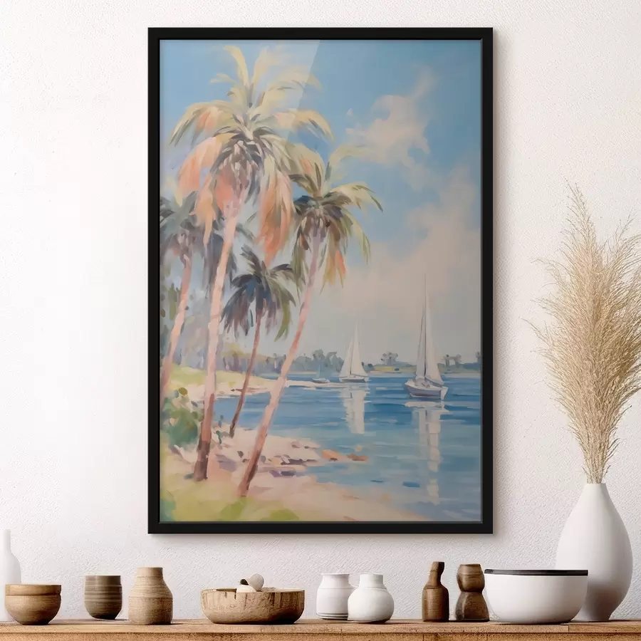 Fotobehang Palmbomen aan de baai imitatie van schilderij f44122