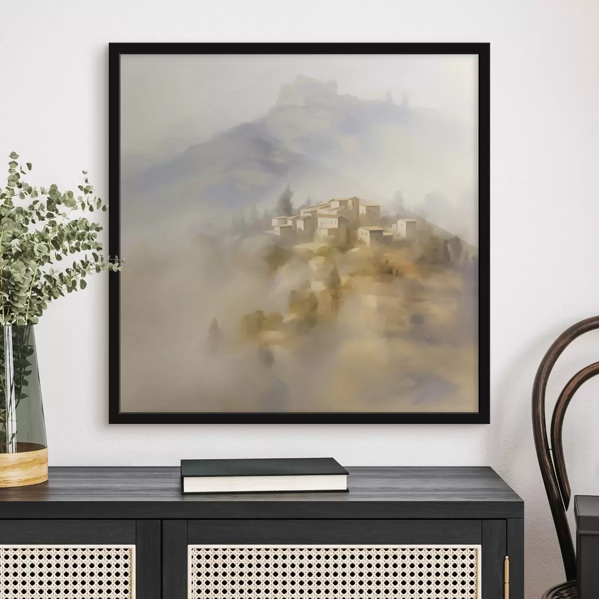 Affiche Village sur fond de montagnes f44127