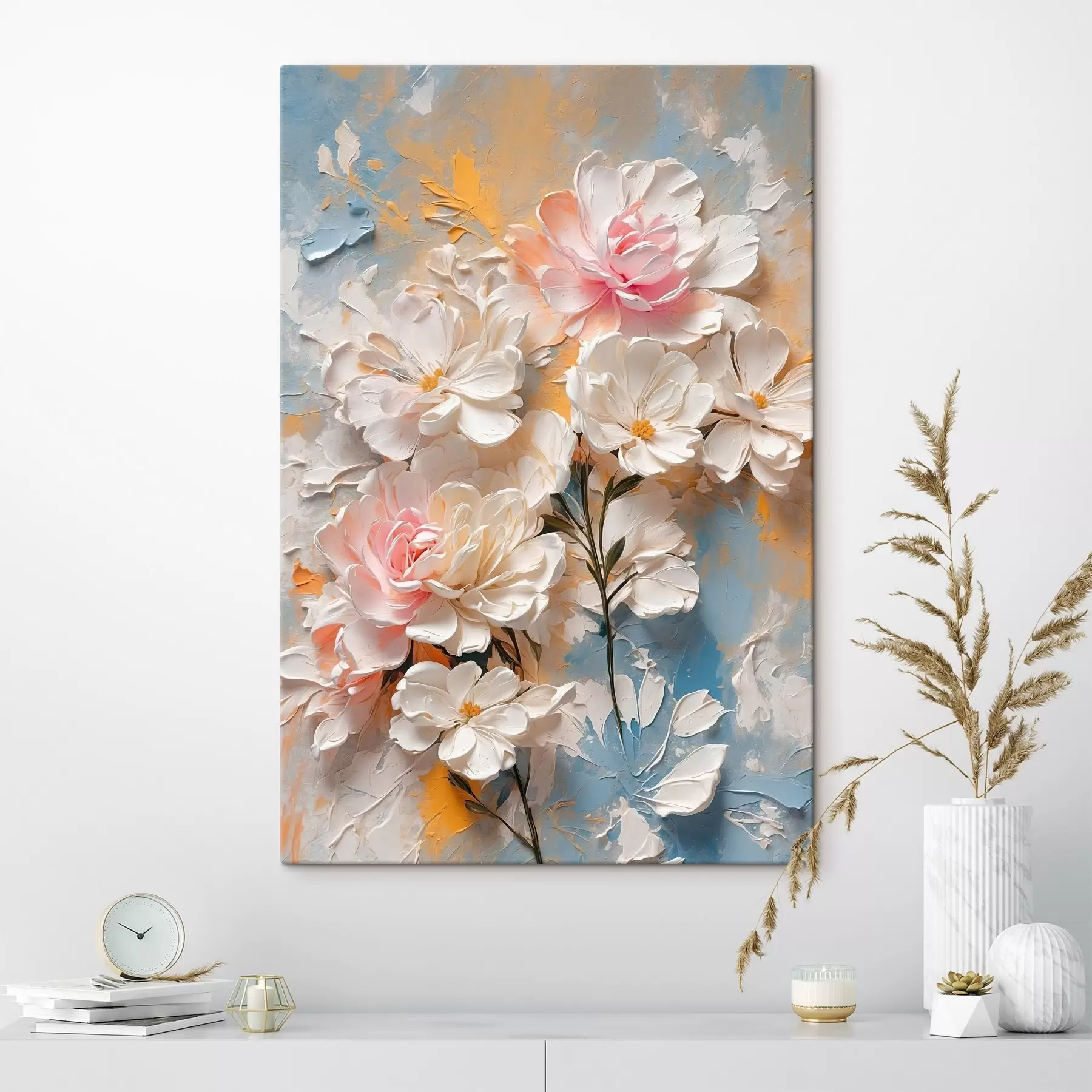  Peintures Fleurs blanches et roses sur fond abstrait s44066