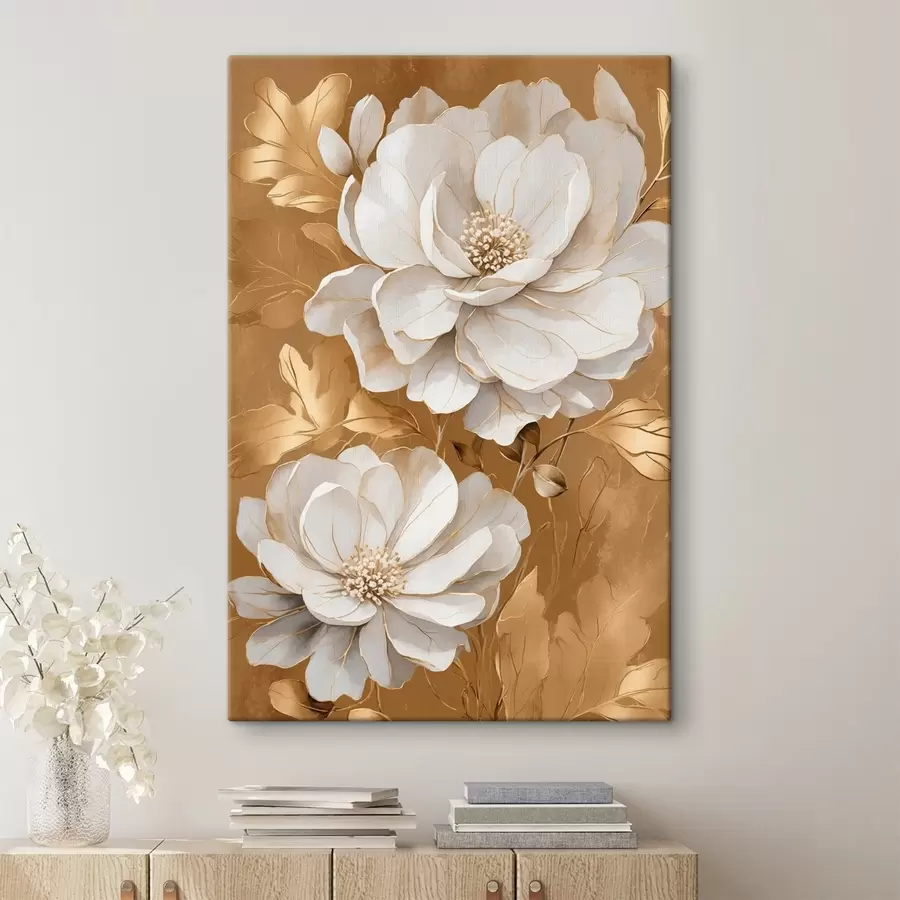 Fotobehang Witte bloemen op gele achtergrond s44067