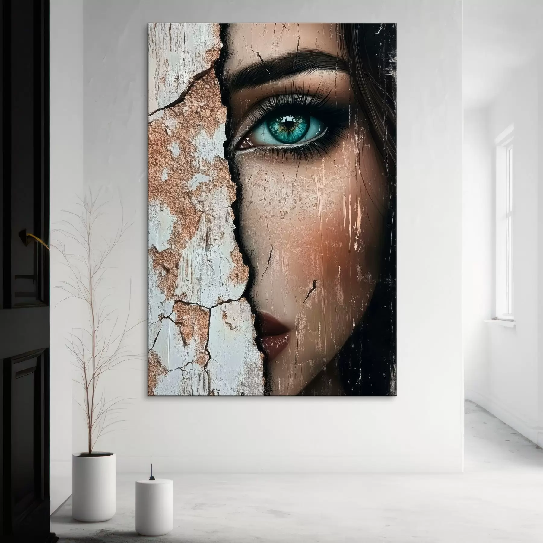  Peintures Visage de fille derrière un vieux mur s44069