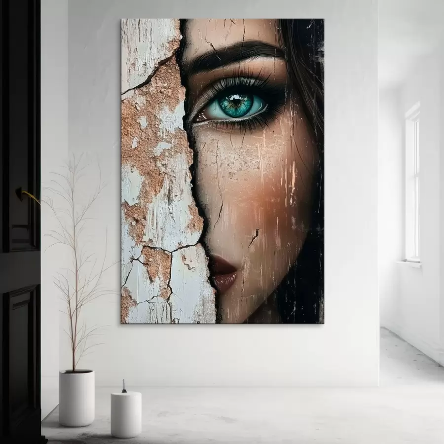  Peintures Visage de fille derrière un vieux mur s44069