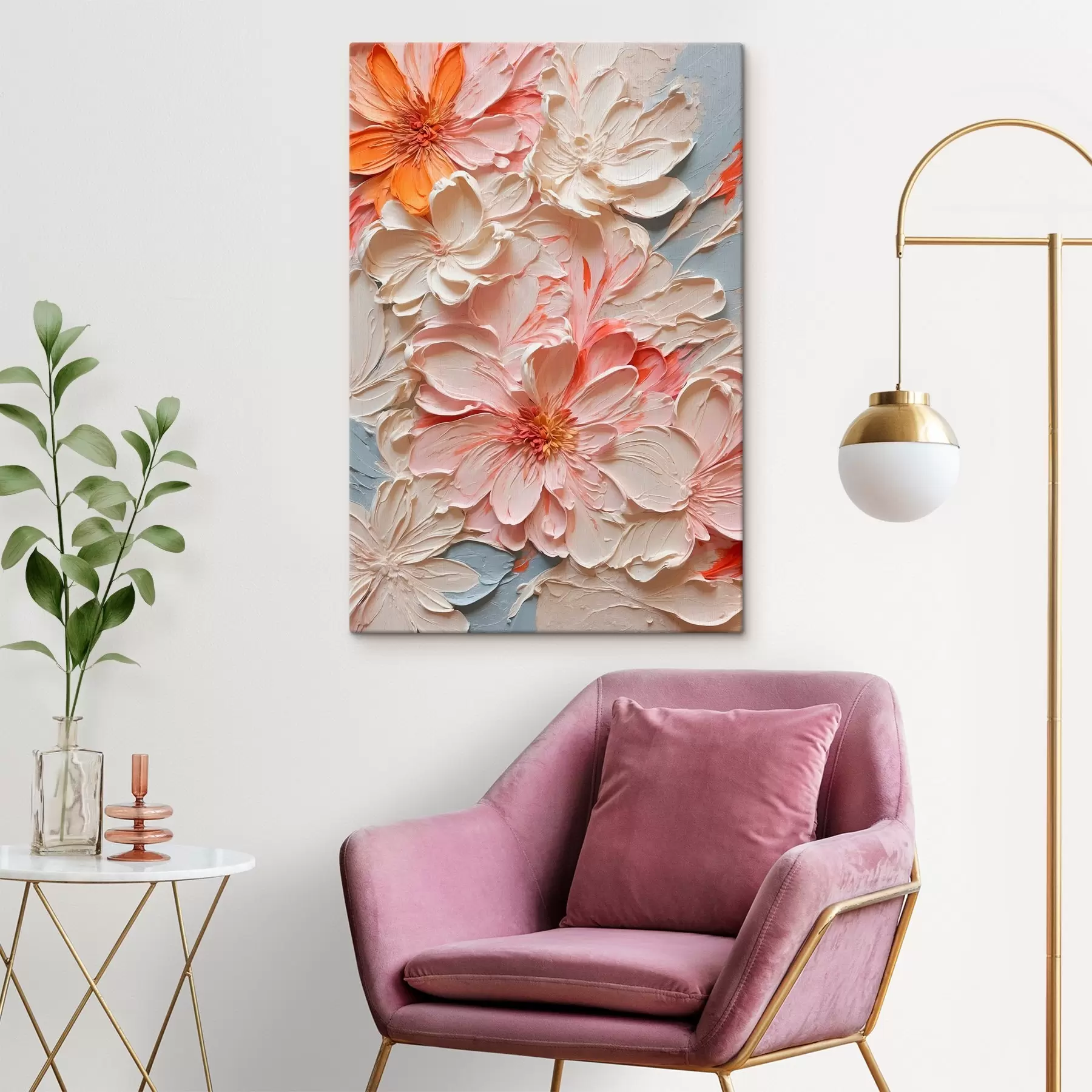 Papier peint photo Fleurs blanches et roses sur fond bleu dans le style d'une peinture à l'huile s44074