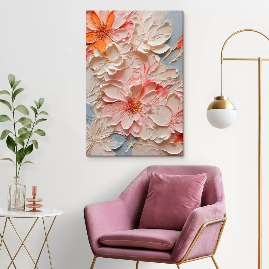  Schilderijen Witte en roze bloemen op blauwe achtergrond in olieverfstijl s44074