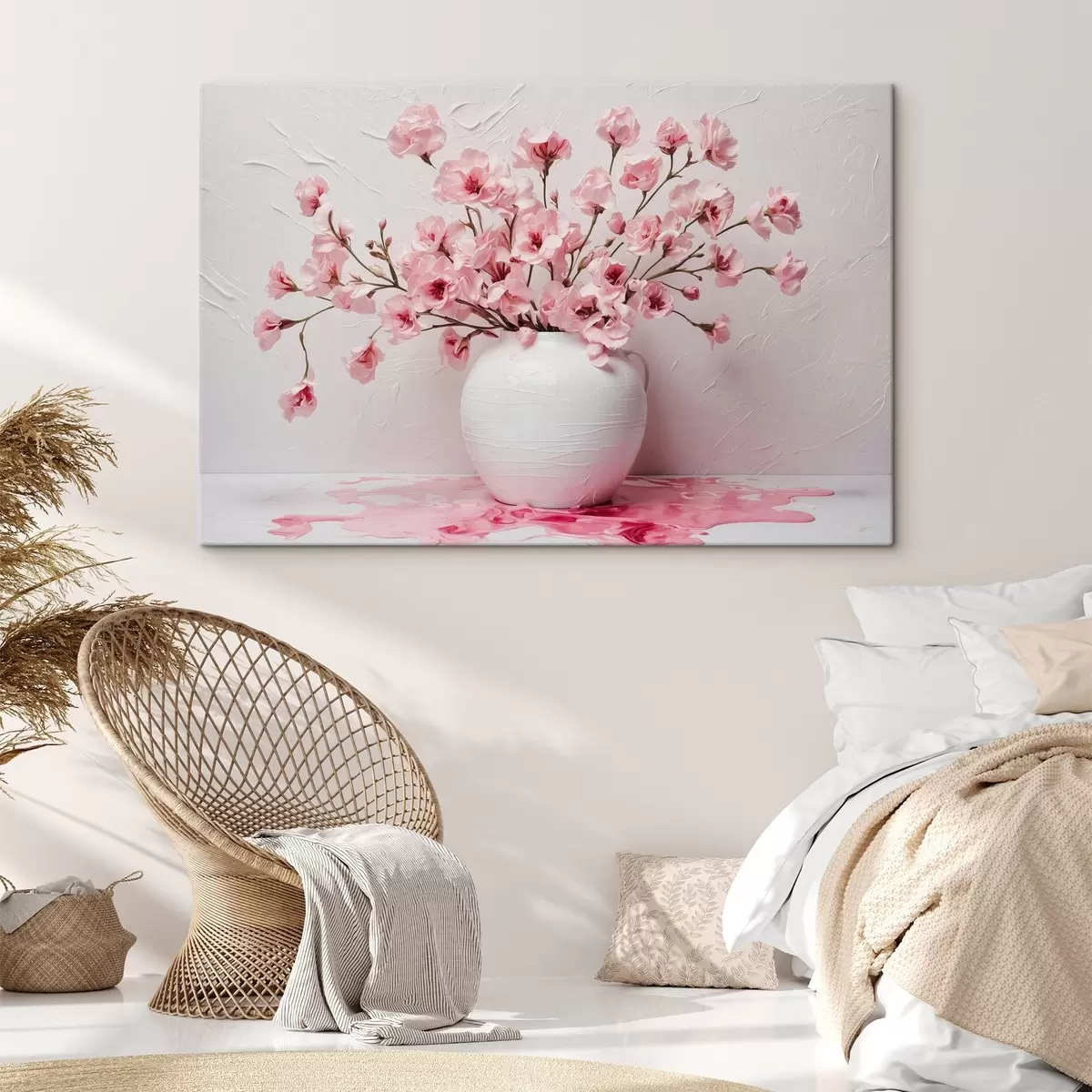  Peintures Fleurs roses dans un grand vase blanc s44081