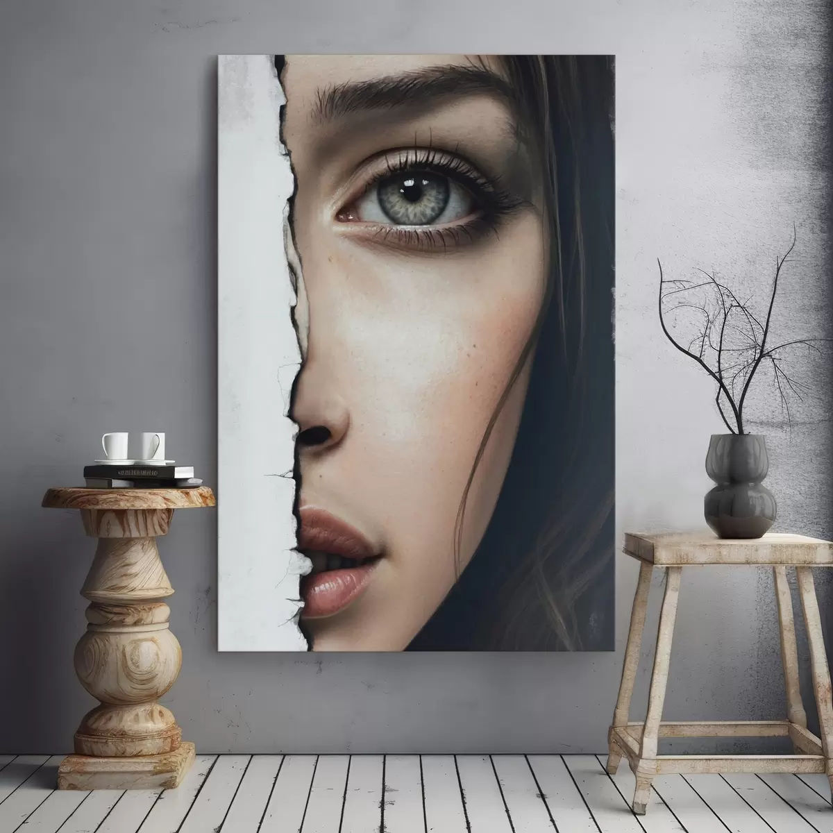  Peintures Visage de fille derrière un mur blanc s44083