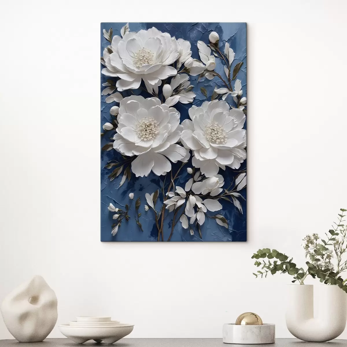  Schilderijen Witte bloemen op blauwe olieverf achtergrond s44091