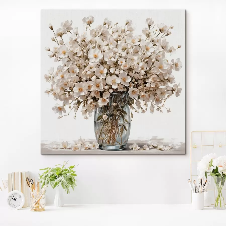 Fotobehang Witte bloemen in transparante vaas s44092