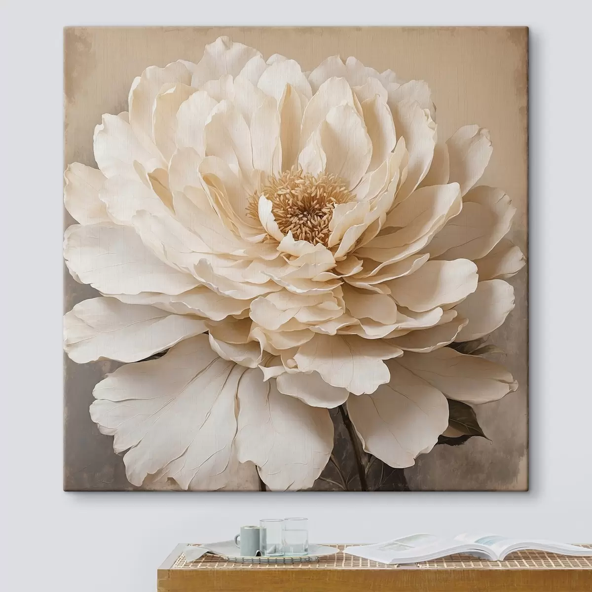  Peintures Fleur blanche sur fond beige s44094