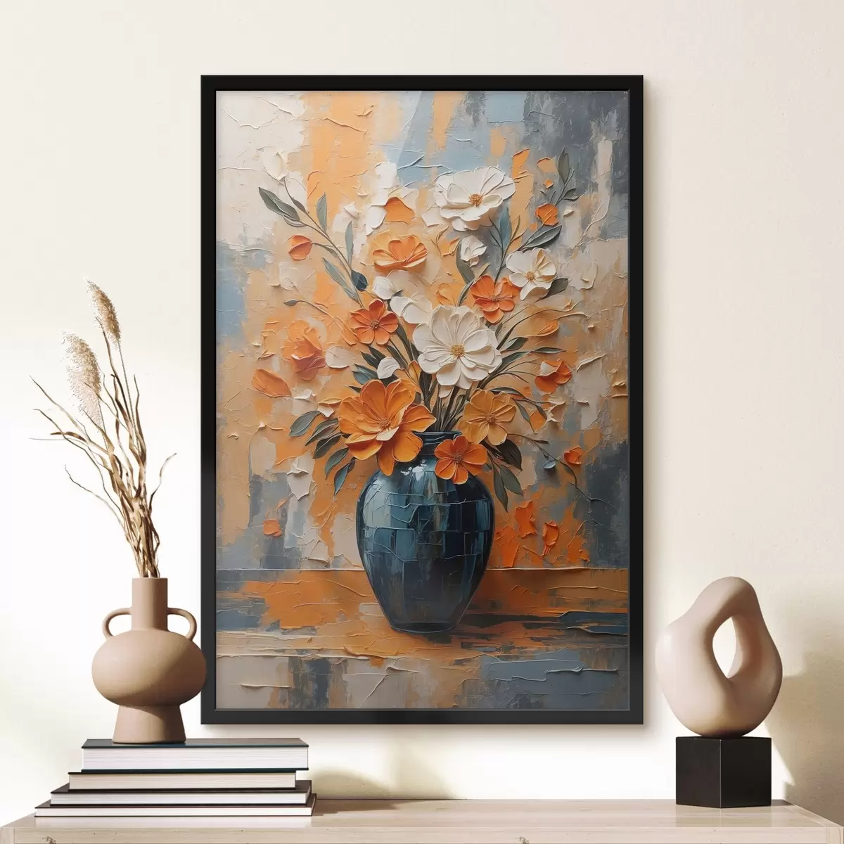 Affiche Fleurs blanches et orange dans un vase, peinture à l'huile f44059