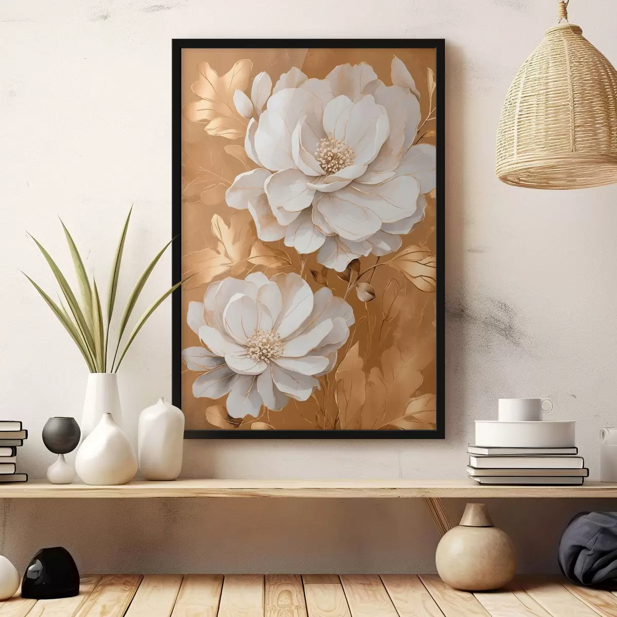 Poster Witte bloemen op gele achtergrond f44067