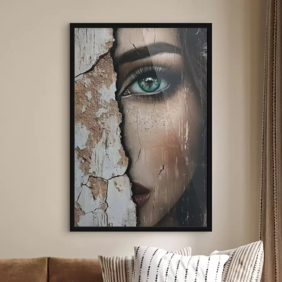 Fotobehang Meisjesgezicht achter oude muur f44069