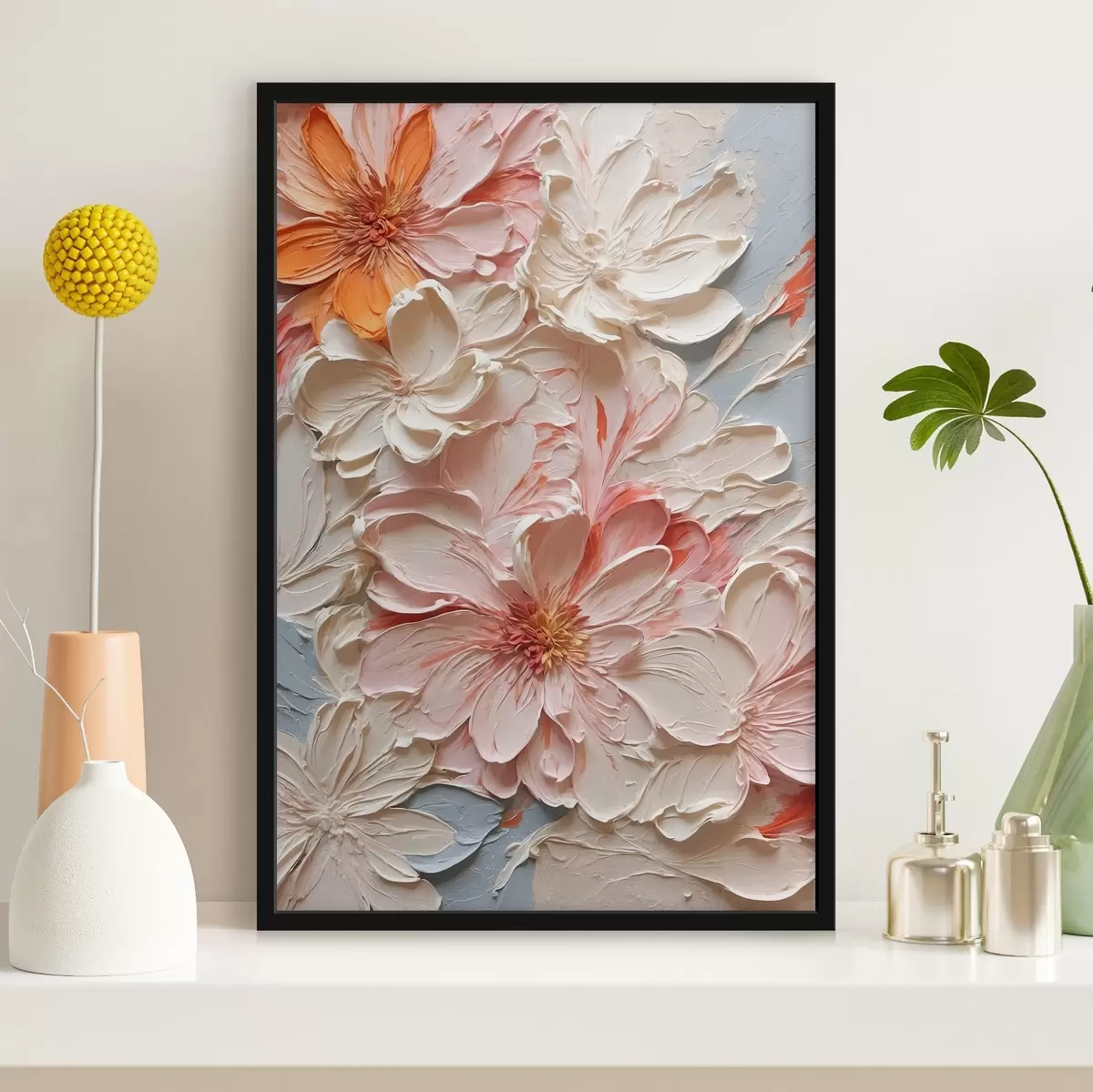 Affiche Fleurs blanches et roses sur fond bleu dans le style d'une peinture à l'huile f44074