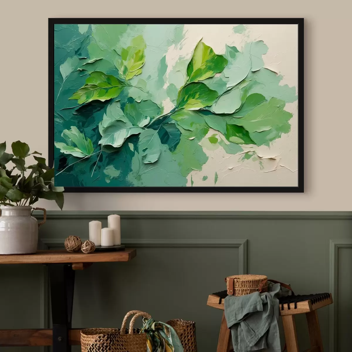 Affiche Branche avec feuilles vertes en peinture à l'huile f44075