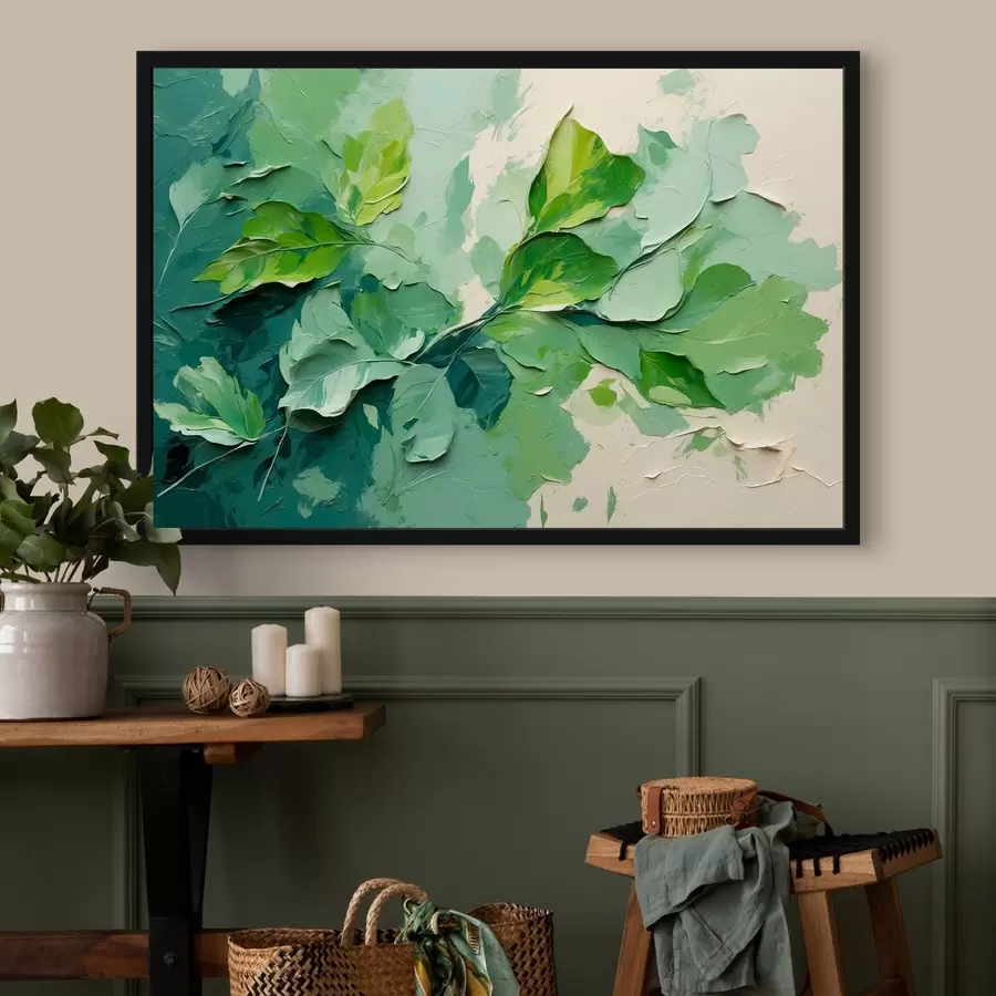 Fotobehang Tak met groene bladeren in olieverfstijl f44075