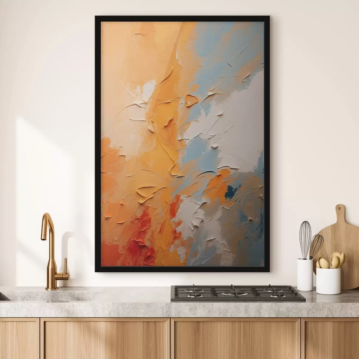 Poster Abstract olieverfschilderij met gele en blauwe kleuren f44077