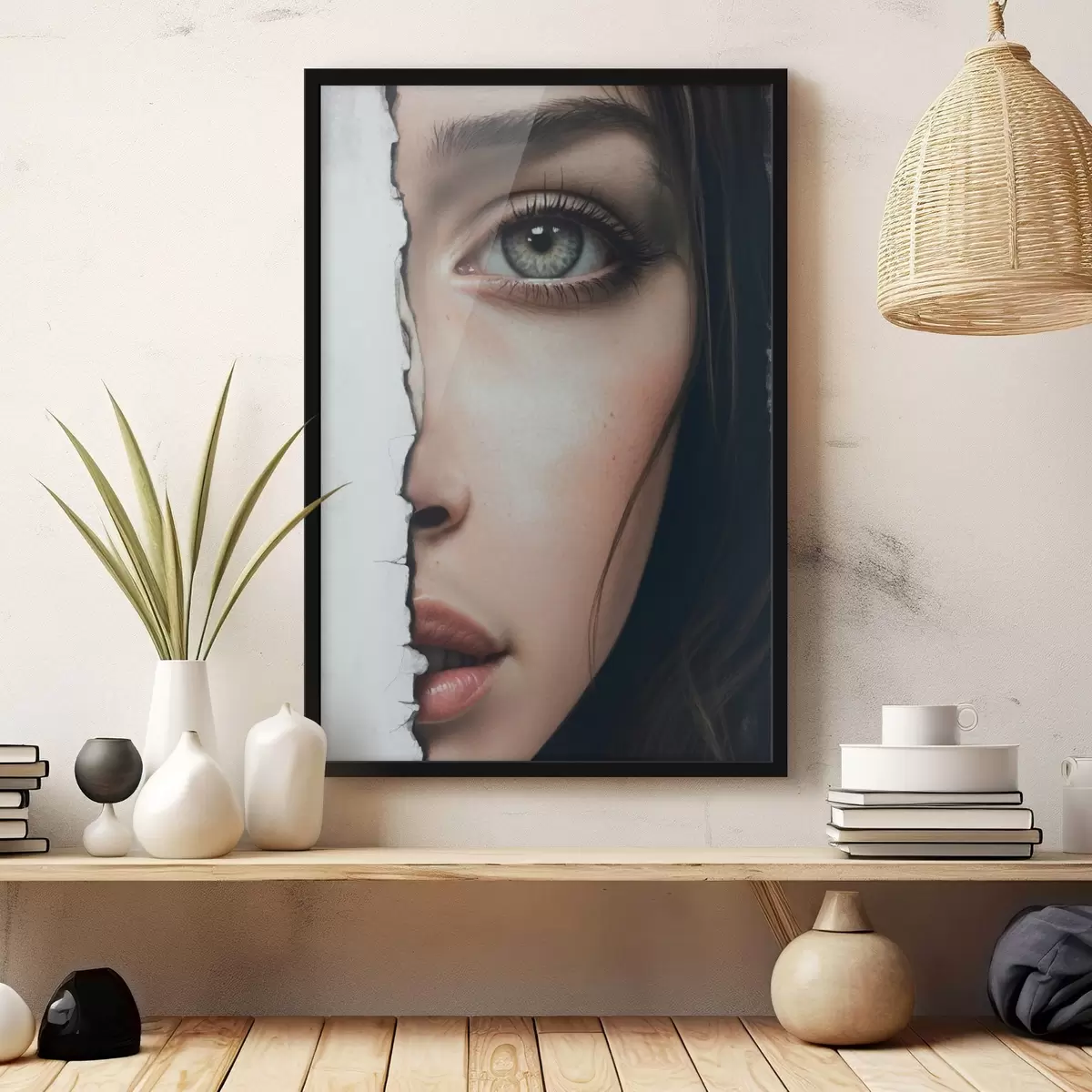 Affiche Visage de fille derrière un mur blanc f44083