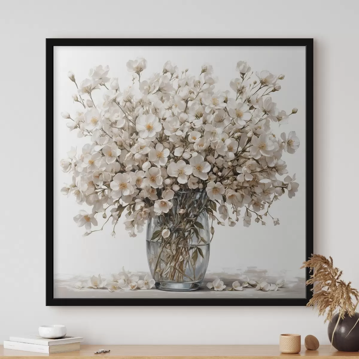 Poster Witte bloemen in transparante vaas f44092
