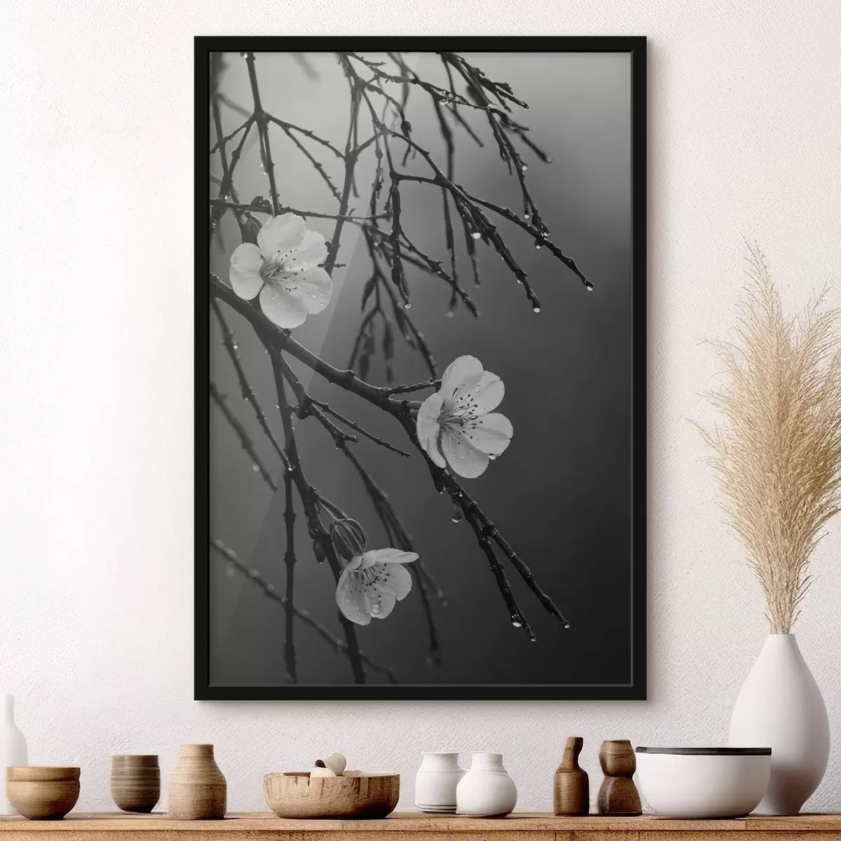 Poster Bloemen op de takken na de regen f44098