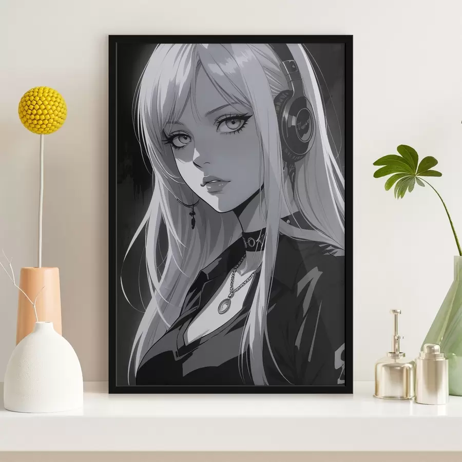 Fotobehang Poster met meisje met koptelefoon f44102