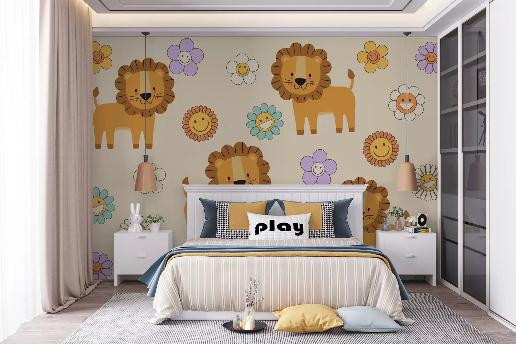 Fotobehang Schattige leeuwenwelpjes en bloemen w03863