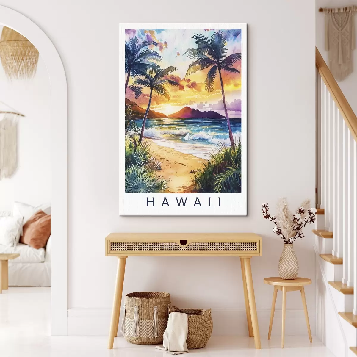  Schilderijen Zonsondergang op het eiland Hawaii, palmen, oceaan, kleurrijke lucht, aquarel stijl s44142
