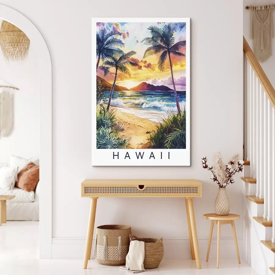  Schilderijen Zonsondergang op het eiland Hawaii, palmen, oceaan, kleurrijke lucht, aquarel stijl s44142