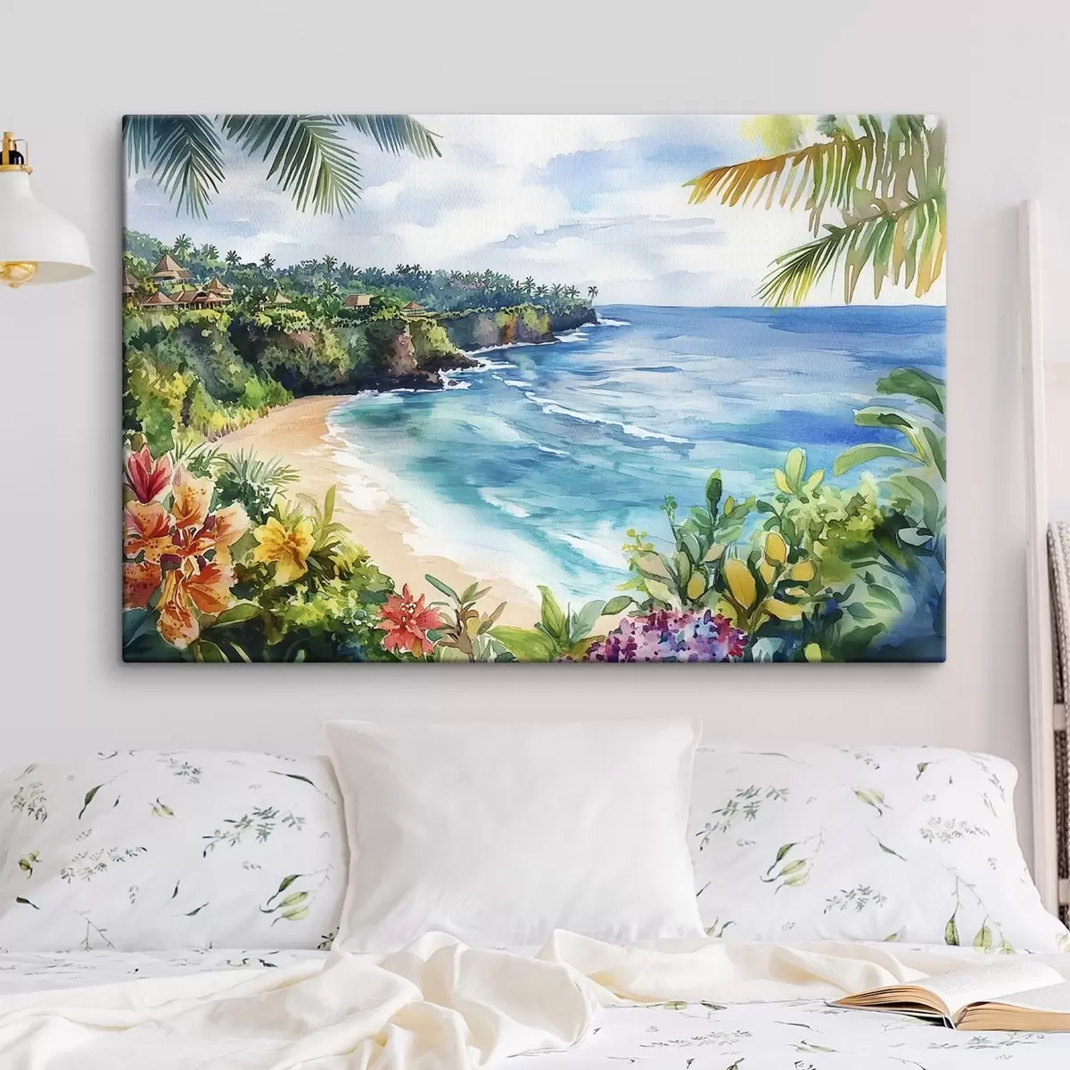  Peintures Plage tropicale, palmiers, fleurs, style aquarelle s44145