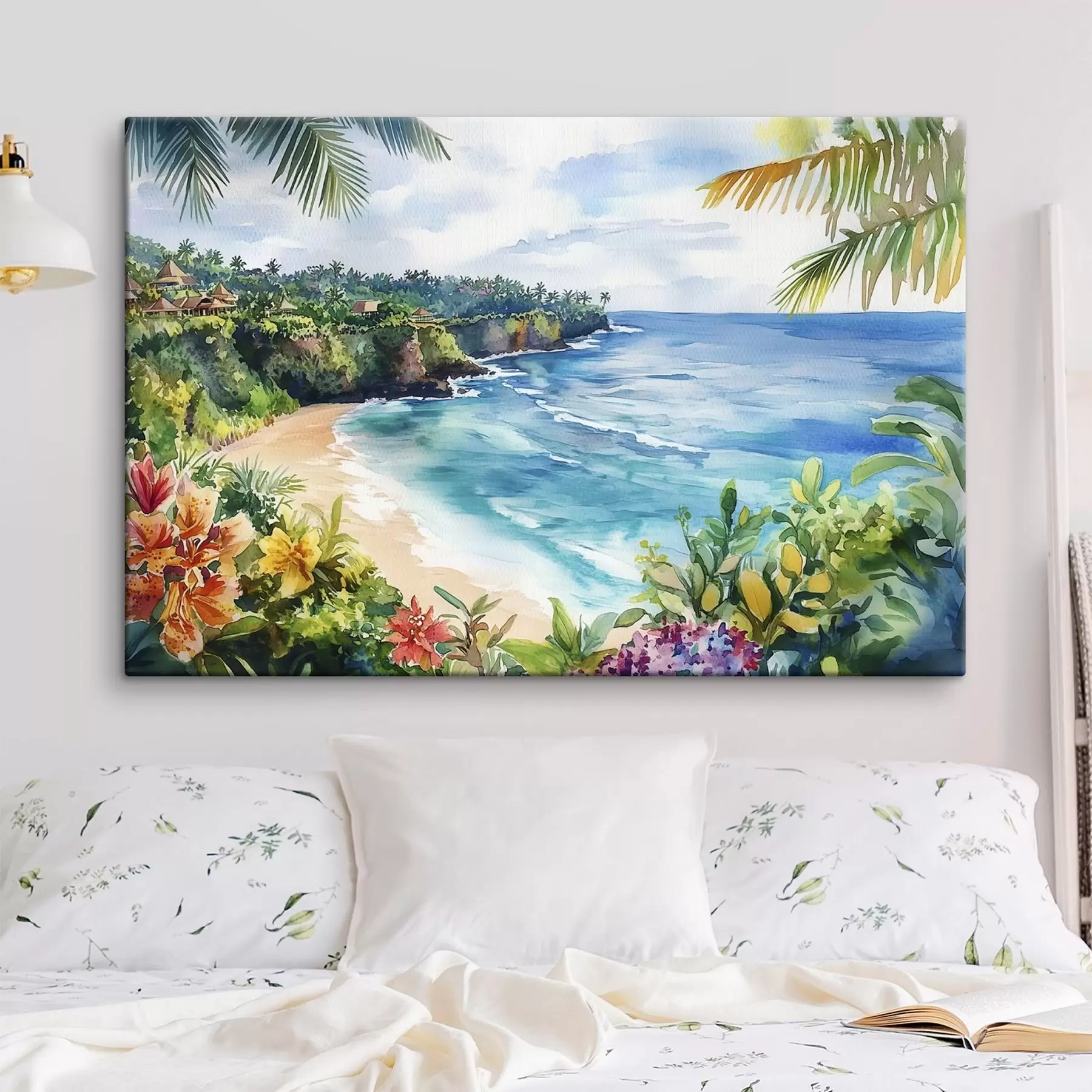  Schilderijen Tropisch oceaanstrand, palmbomen, bloemen, aquarelstijl s44145