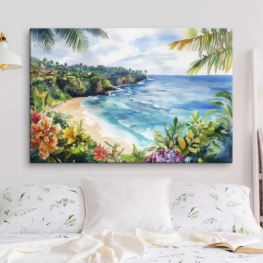  Peintures Plage tropicale, palmiers, fleurs, style aquarelle s44145