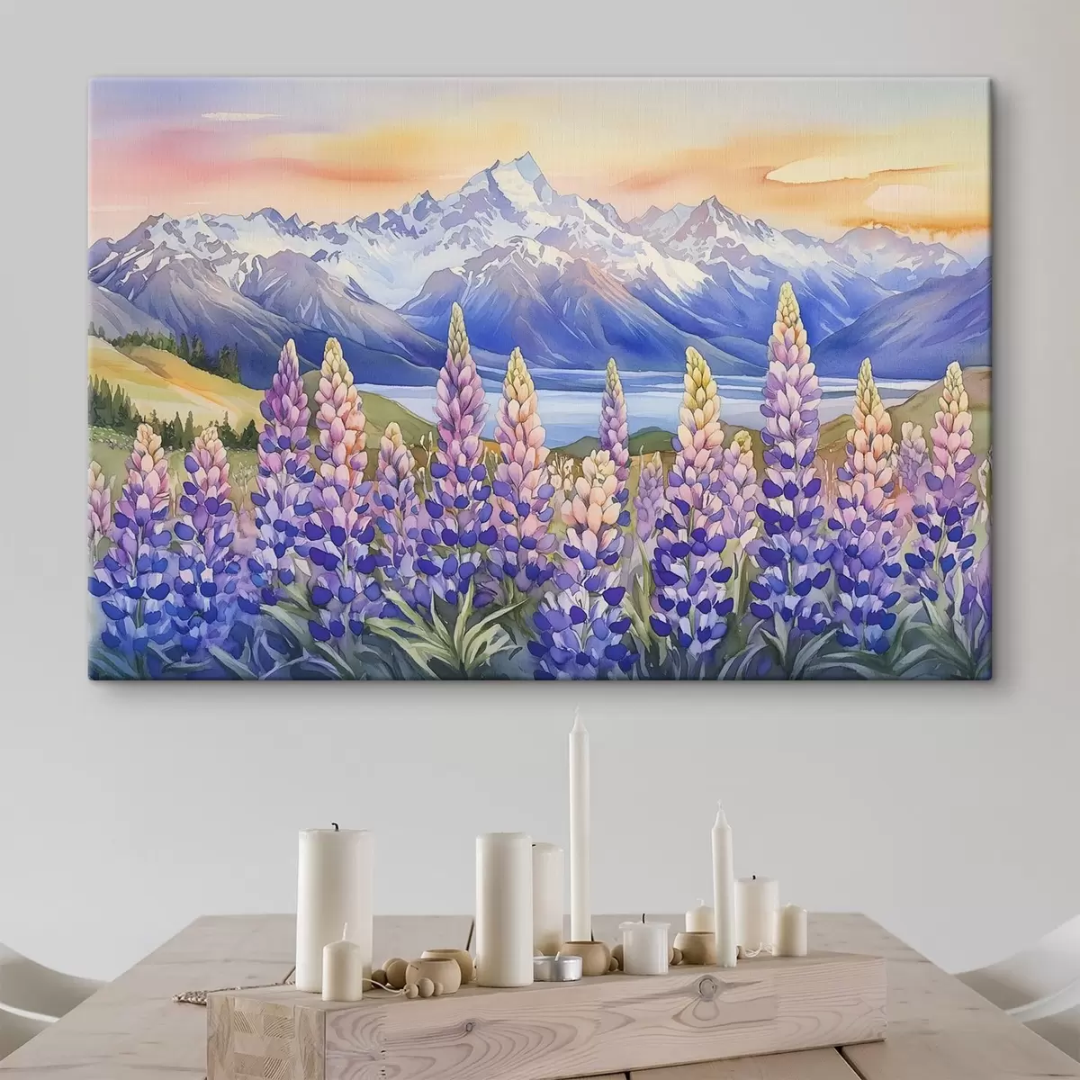  Schilderijen Lupinebloemen, weide, bergen, aquarelstijl, lucht met zonsondergang s44146