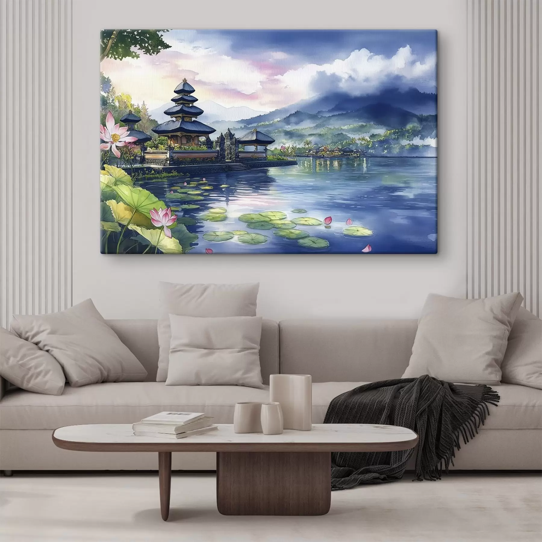 Fotobehang Indonesisch eiland, tempel, boeddhisme, tropische natuur, aquarelstijl s44148
