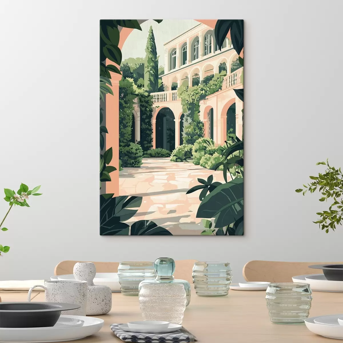  Schilderijen Mediterrane architectuur, tropische natuur, vlakke stijl, villa met tuin s44150