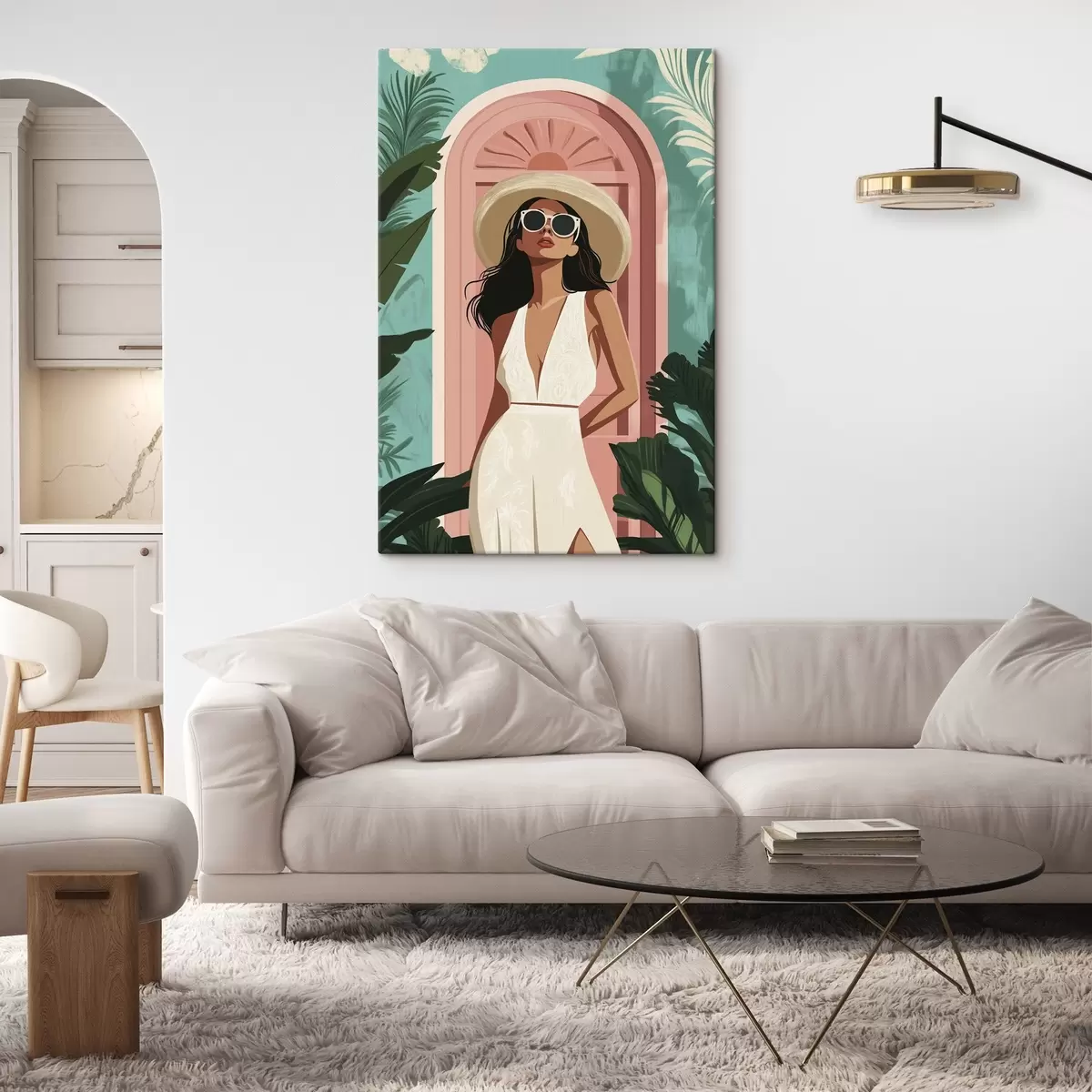  Peintures Femme avec lunettes de soleil et chapeau, nature tropicale, architecture s44152