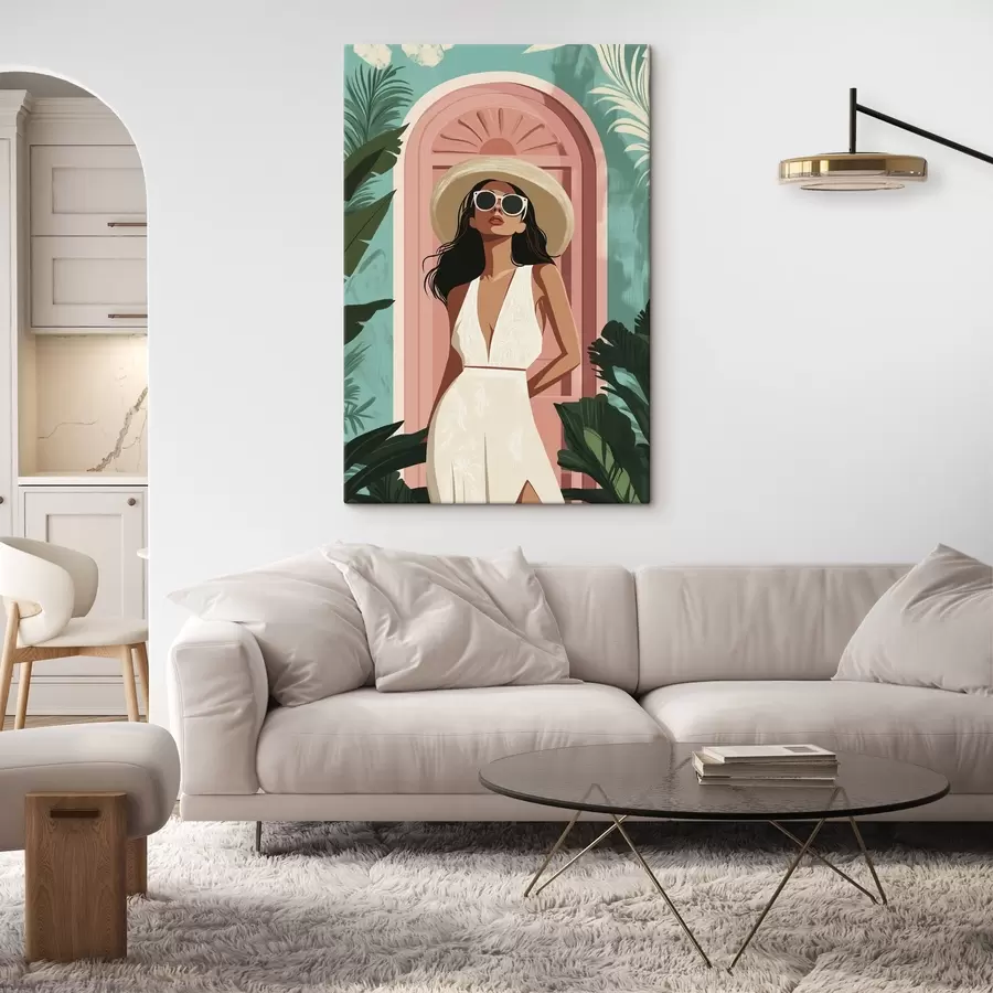  Peintures Femme avec lunettes de soleil et chapeau, nature tropicale, architecture s44152