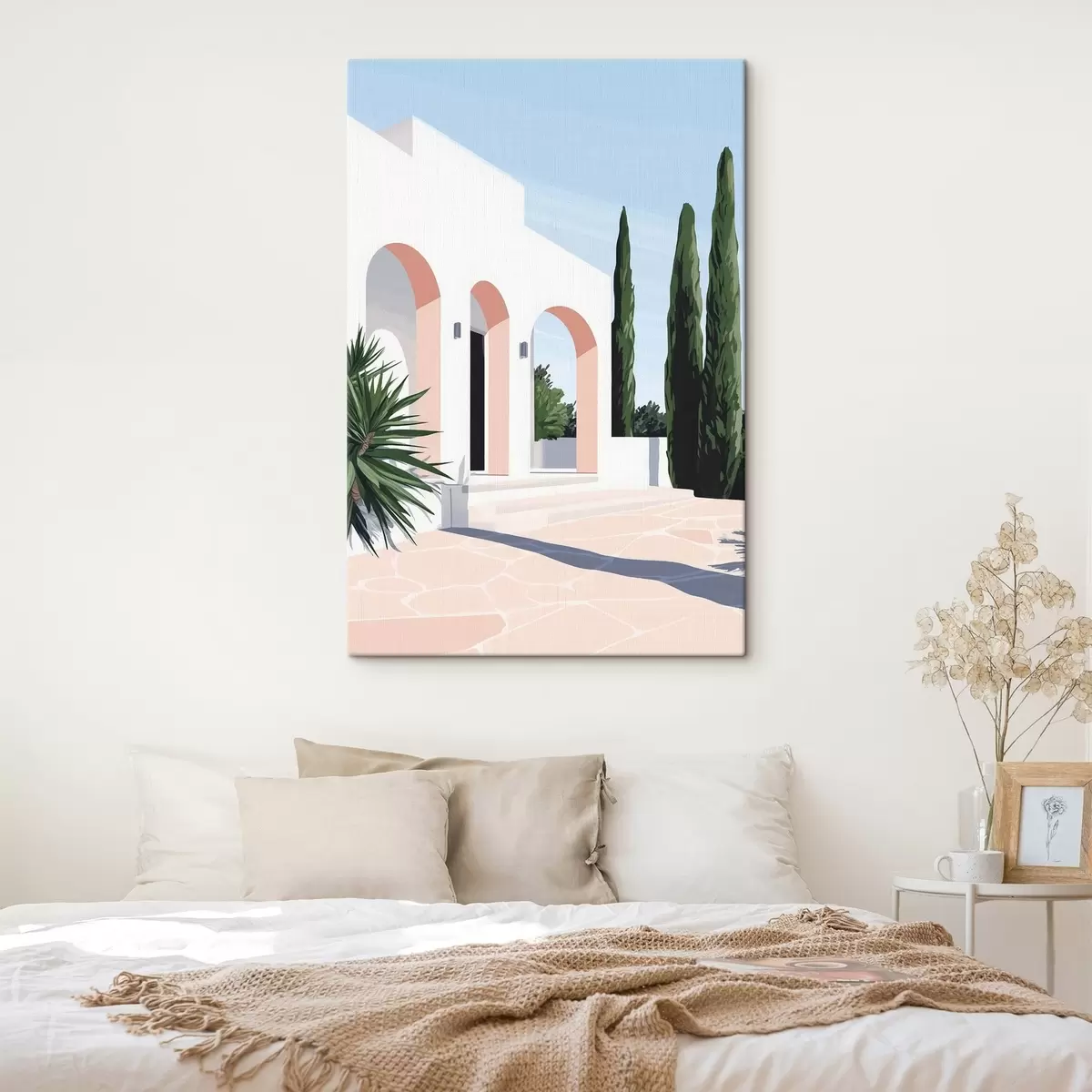  Schilderijen Witte villa met bogen en tropische tuin, mediterrane, vlakke stijl s44153