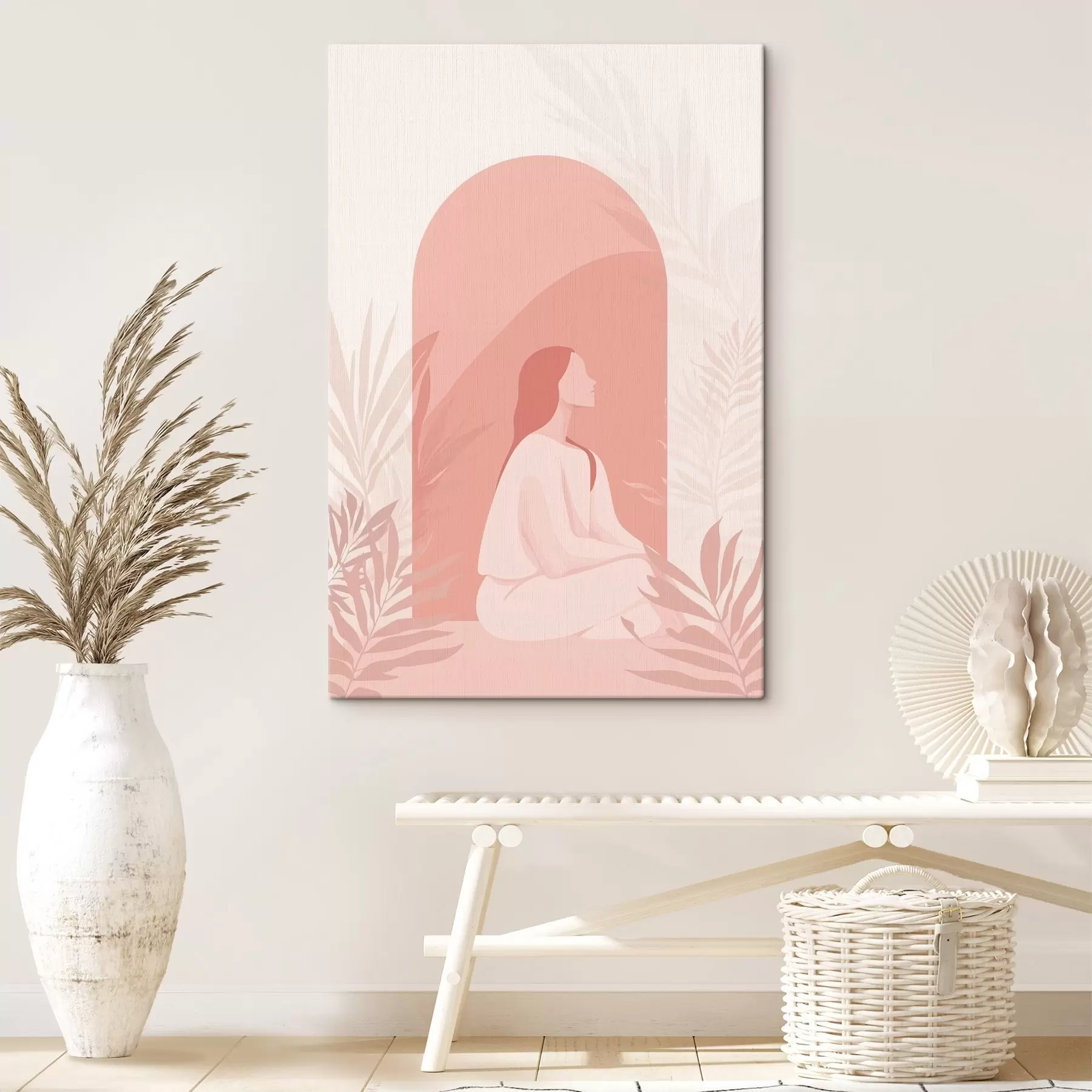 Fotobehang Vrouw in meditatie, vlakke stijl, tropische planten, roze kleuren s44154