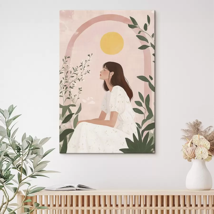  Schilderijen Mooie vrouw in de tropische tuin, zon, pastelkleuren s44155