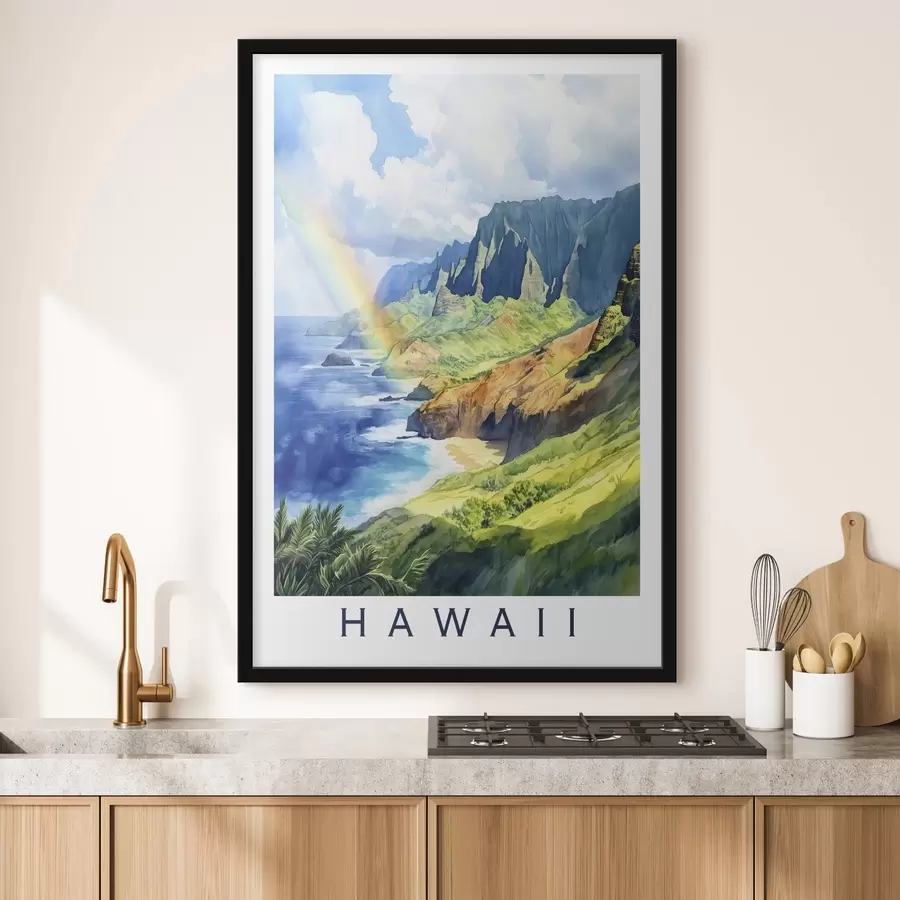 Fotobehang Hawaii eiland, aquarel stijl, regenboog, groene bergen, oceaan f44141