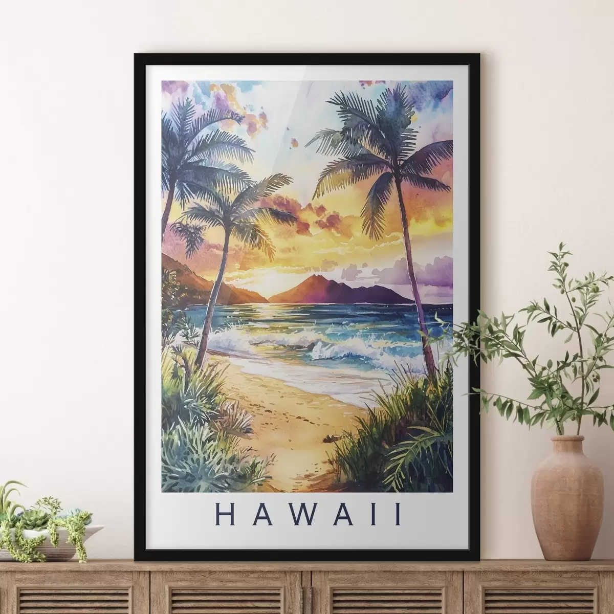 Affiche Coucher de soleil sur l'île d'Hawaï, palmiers, océan, ciel coloré, style aquarelle f44142