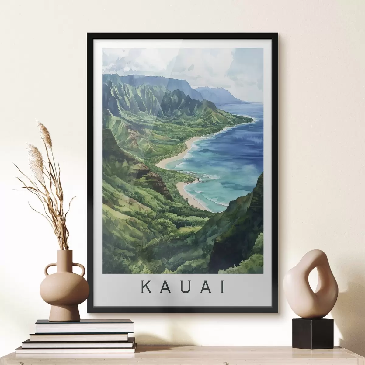 Affiche Montagnes vertes, Hawaï, océan, tropical, aquarelle f44143