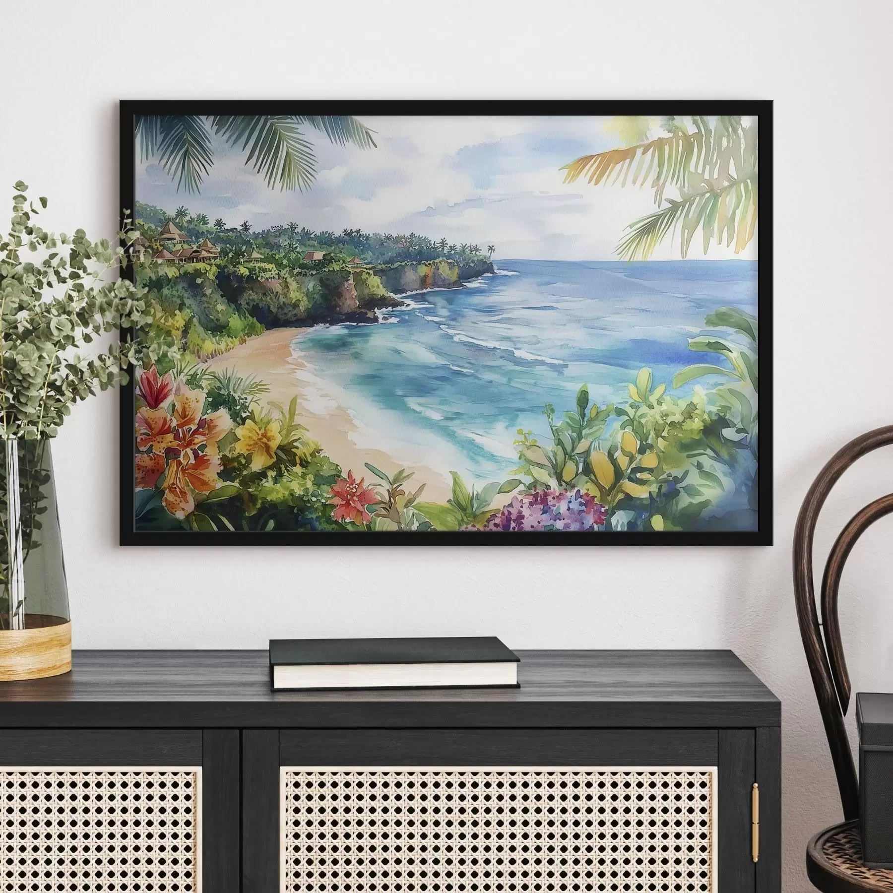 Papier peint photo Plage tropicale, palmiers, fleurs, style aquarelle f44145