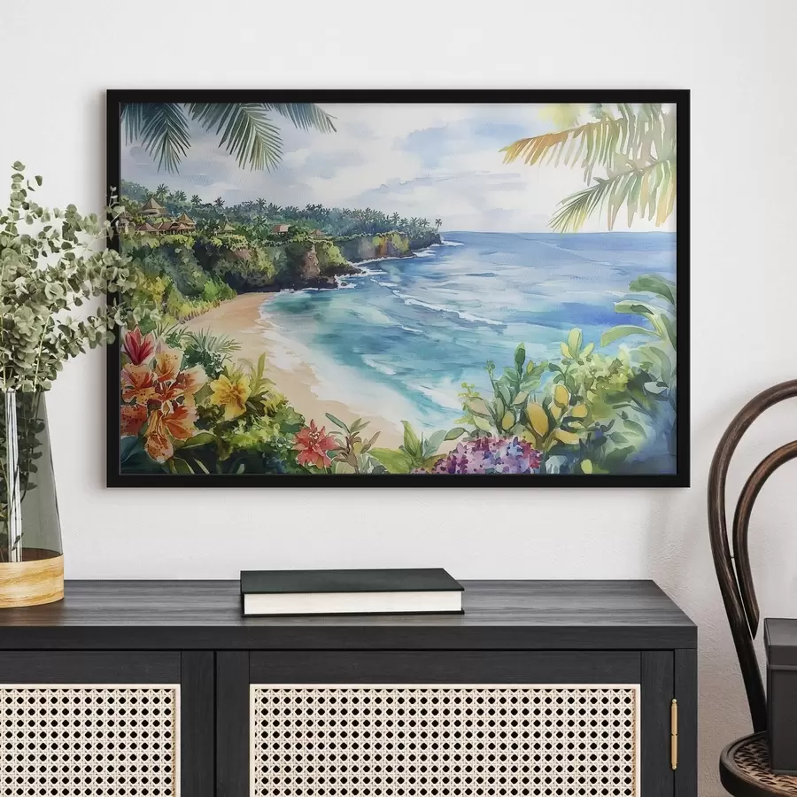 Fotobehang Tropisch oceaanstrand, palmbomen, bloemen, aquarelstijl f44145