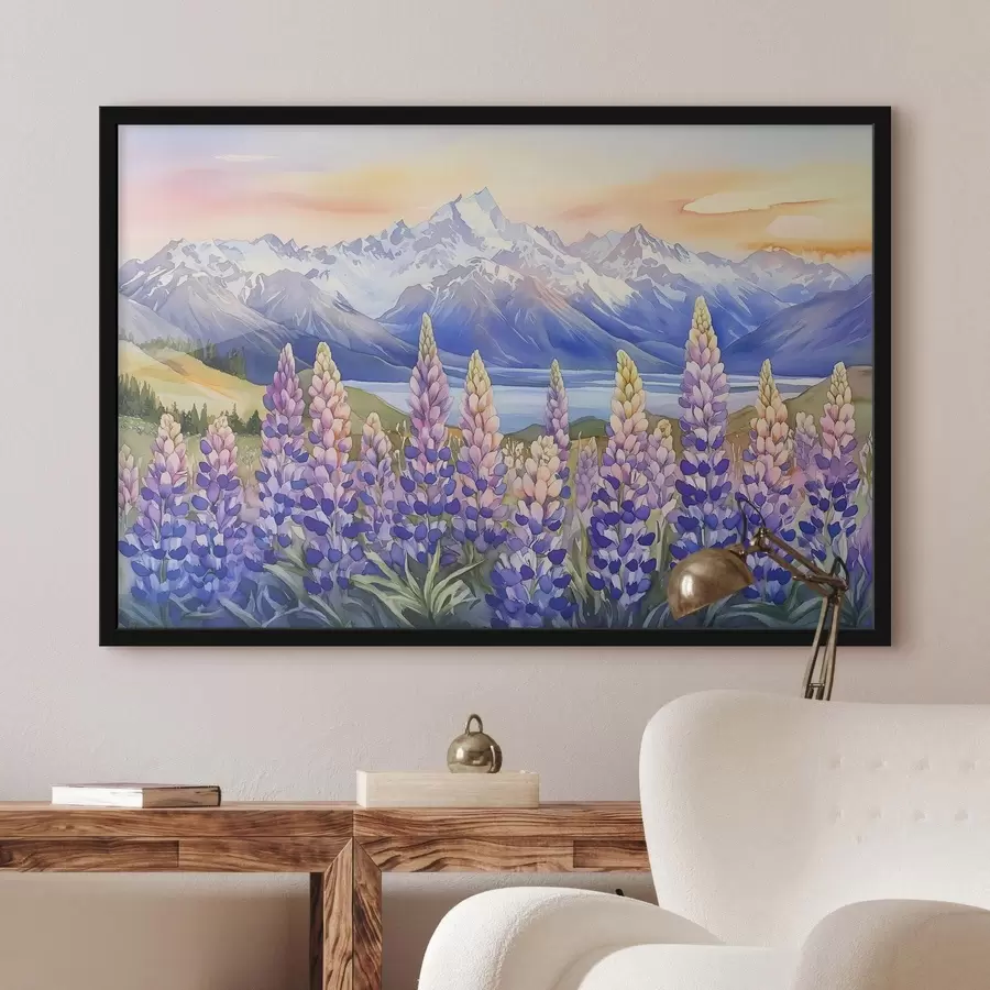 Papier peint photo Fleurs de lupin, prairie, montagnes, style aquarelle, ciel couchant f44146