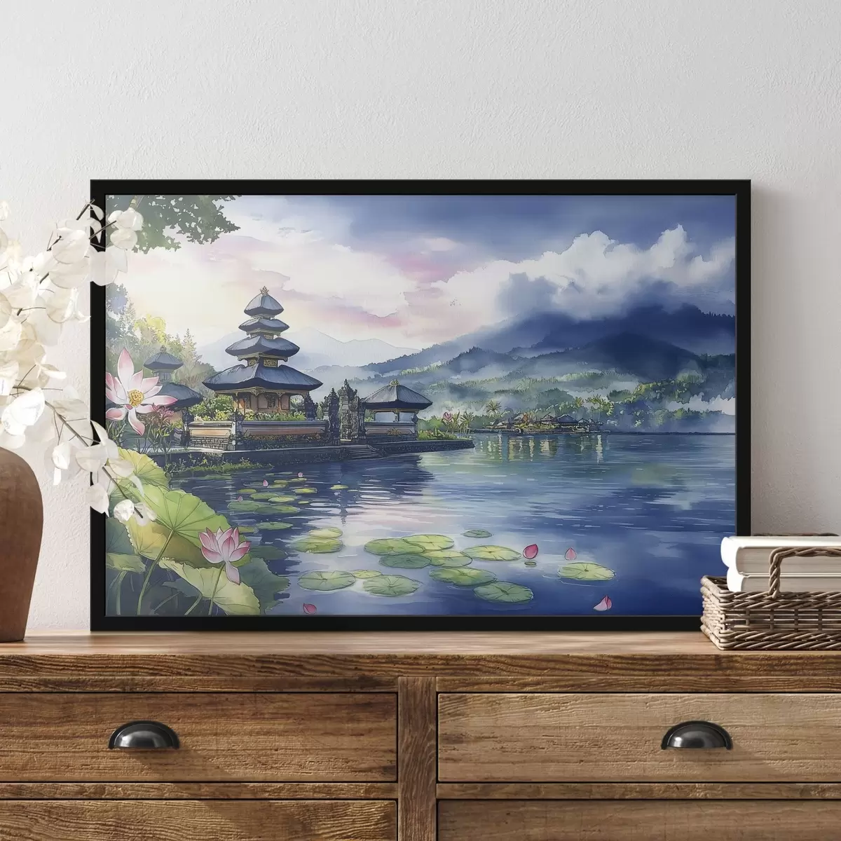 Poster Indonesisch eiland, tempel, boeddhisme, tropische natuur, aquarelstijl f44148